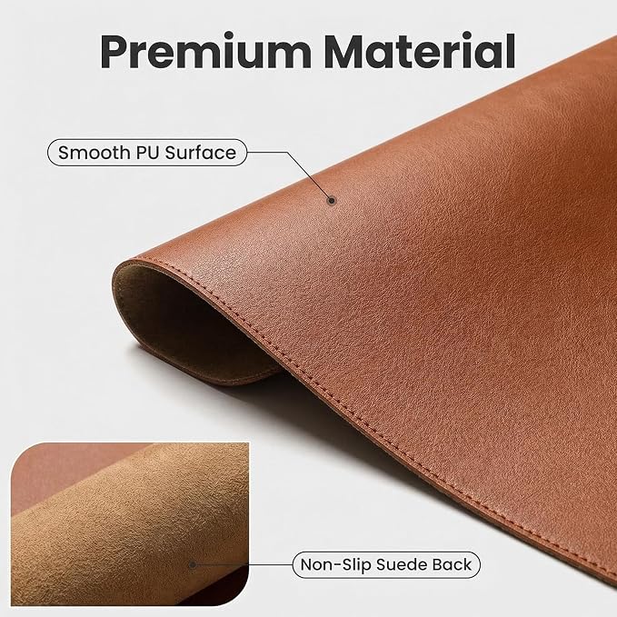 Leather Desk Mat, 11"x31" Office Desk Pad, Thick Premium Table Pad with Stitched Line, Non-Slip Laptop Writing Pad with Suede Sole (Brown)