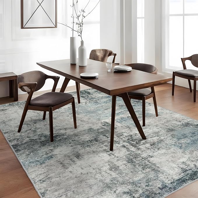 Washable Abstract Area Rug 3x5 - Rugs for Living Room Large Non Slip Indoor Entryway Rubber Backing Carpet Bedroom Kitchen Distressed Stain Resistant Floor Decor Mat Machine Washable 3x5 Blue