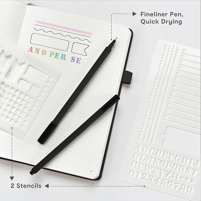 &And Per Se Dotted Journal Notebook 3 Pack, A5 Hardcover with Journal Dotted Pages, Stencils & Pens, 176 Numbered Pages Each for Students Teachers Office (Black)