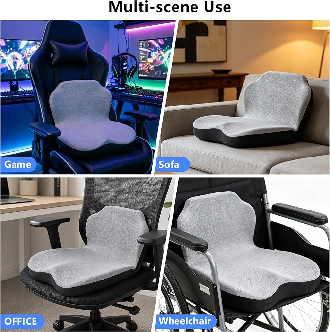 Memory Foam Truck Seat Cushion & Lumbar Support Set – Ergonomic U-Shape Tailbone Relief + L-Shape Back Cushion for Long-Haul Semi/Pickup Drivers Breathathable Cover Non-Slip Bottom Light Gray