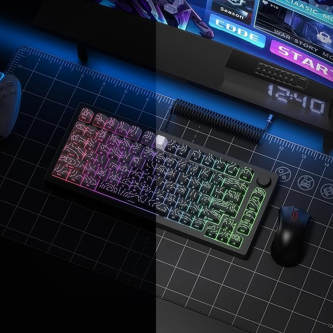 dagaladoo Double Shot PBT keycap Set,White and Black Topographic Keyboard keycaps 60 75 100 Percent,Shine Through Custom keycap Lines Backlit,Cherry Profile Key caps for US Layout Mechanical Keyboard