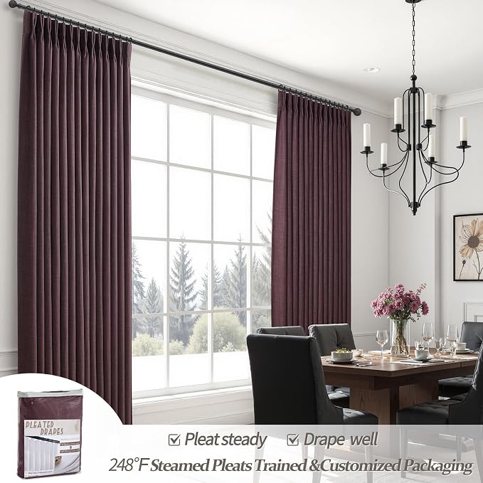 Pinch Pleated Purple Curtains 90 Inches Long 2 Panels Set for Nursery, Blackout Memory Trained Double Layer Thick Linen Blend Sound Dampening Drapes Energy Efficient Country Privacy Viral Windows Burg