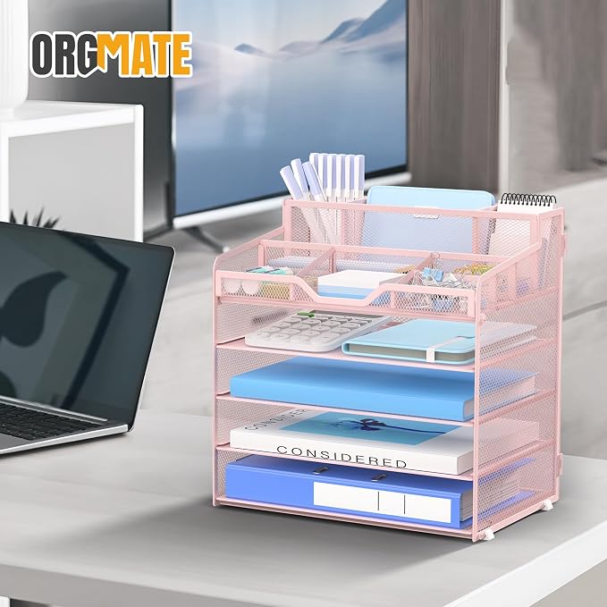 5 Tier Mesh Paper Desk Organizer with Pen Holders, Pink | Features 3 pen holders, and 5 adjustable compartments for office school home desk storage