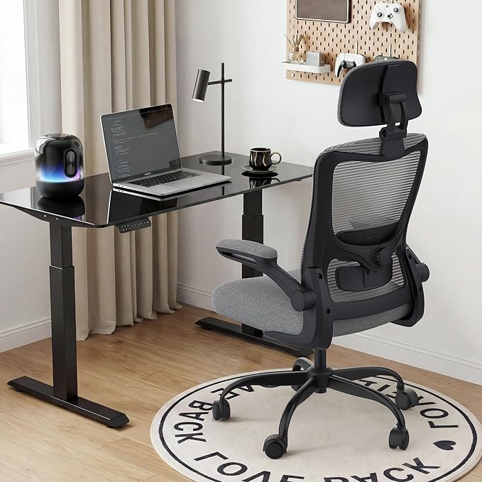 Ergonomic Office Chair, High Back Mesh Desk Chair with Adjustable Lumbar Support & Headrest, Flip-up Armrest, Computer Task Chairs for Home and Executive Office (B-Grey)