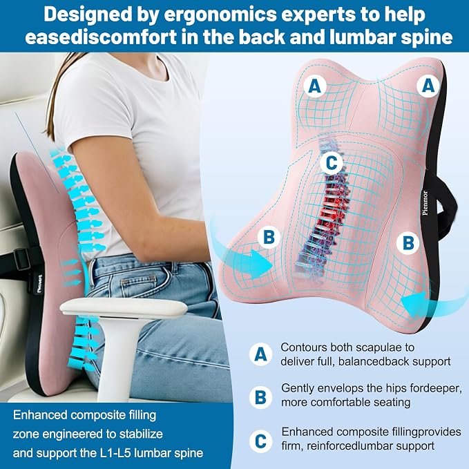 Lumbar Support Pillow, Memory Foam Back Cushion for Car & Office Chair - Pink