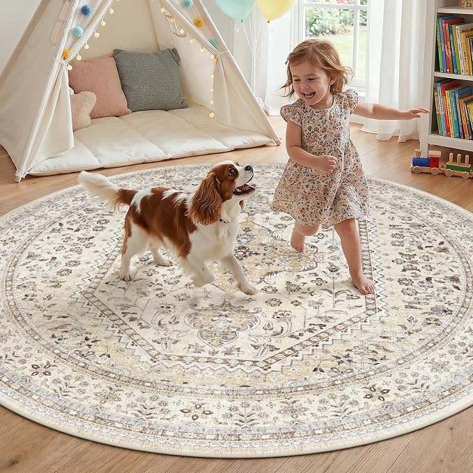 Puino 7FT Round Area Rug: Washable Oriental Circle Rugs Low Pile Soft Carpet with Non Slip Backing for Living Room Vintage Indoor Rug for Bedroom Kitchen Nursery Dining Room Home Office Beige/Gray