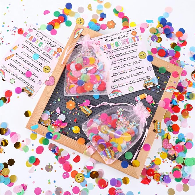 AmazingSpark 24 Sets Ready Confetti Back to School Supplies Magic Jitter Glitter with Poem Cards Organza Bags First Day of School Confetti Anxiety Relief Favor Gifts for Teachers(Glitter)