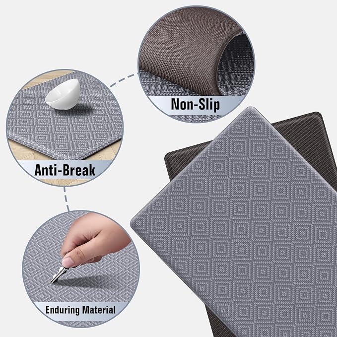 Mattitude Kitchen Mat 2PCS Kitchen Rugs Cushioned Anti-Fatigue Rug Waterproof Standing Desk Mat Kitchen Mats for Floor Kitchen Rug Set for Kitchen, Sink, Office 17.3"×30"+17.3"×59"-0.47inch Light Grey