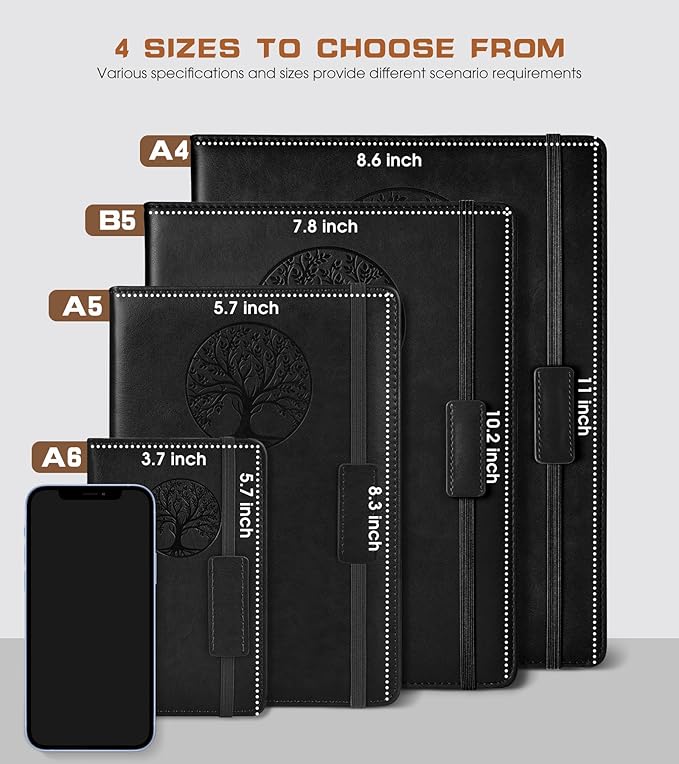 Biuwory Dotted Journal Notebook for Women Men, 140 Pages Hardcover Dot Grid Notebooks for Work, School & Travel, Leather Journals for Writing, Bullet Journaling 5.7"×8.3" (Black)