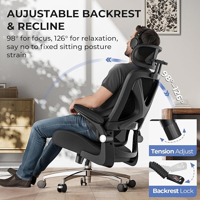 Big and Tall Office Chair, 350lbs Heavy Duty Desk Chair with Extra Wide Memory Foam Seat, 21-24.5 in Adjustable Height, Sacral Lumbar Support, Headrest and Flip-Up Arms for Home Office