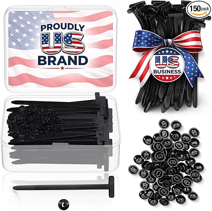 150 Pcs Nylon Universal Cable Tie Buckles — Heavy-Duty Zip Tie Buckle Clips with Pin & Button Design, Self-Locking, UV Resistant, Easy Install for Car Bumper, Fender & Auto Body Repair