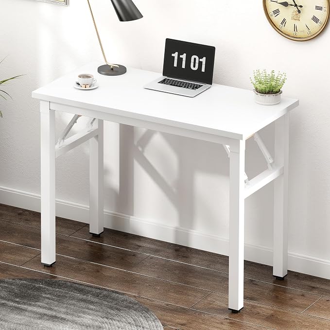 SogesHome No Assembly Folding Computer Desk, 31.5 Inch Small Compact Desk for Home Office, Modern Writing Table with Adjustable Leg Pads, Gaming Desk for Living Room, Dorm and Small Spaces, White
