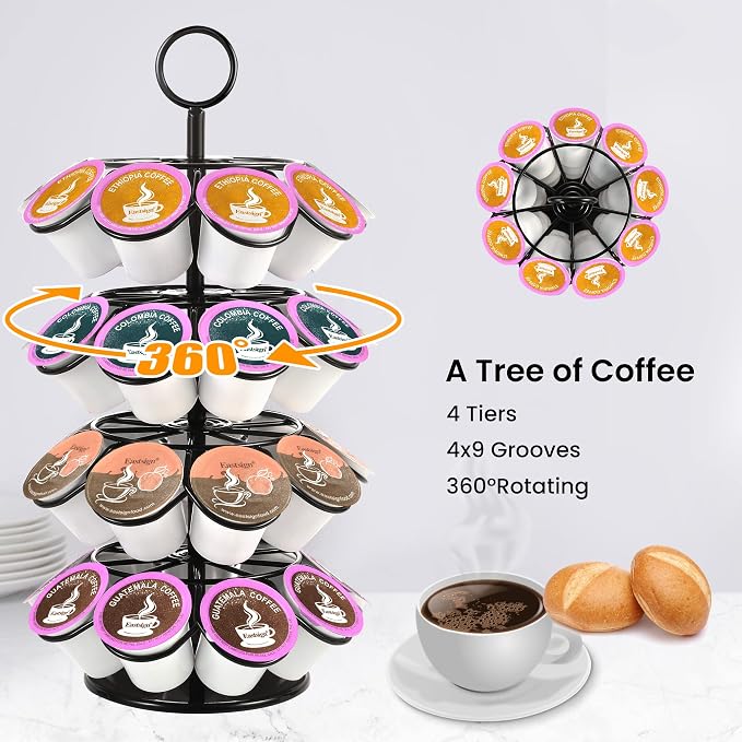 K Cup Holder, Coffee Pod Holder Organizer for Countertop, 36 K-Cup Carousel Stand Compatible with Keurig Pods, 360° Rotating 4-Tier Metal Pod Storage, Black