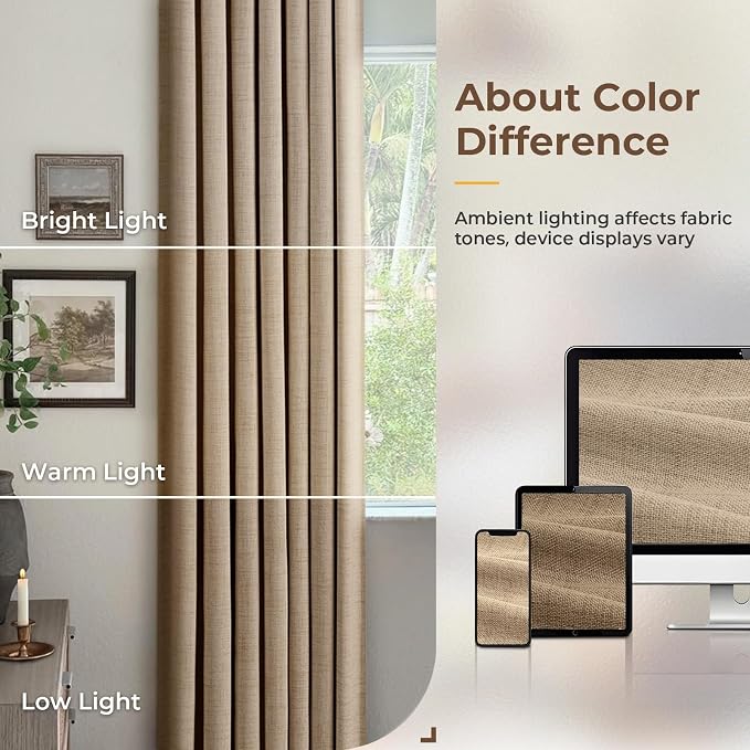 INOVADAY 100% Blackout Curtains for Bedroom, Black Out Curtains 84 Inch Long, Clip Rings Linen Blackout Drapes, Thermal Insulated Room Darkening for Living Room, 2 Panels - Taupe,W50xL84