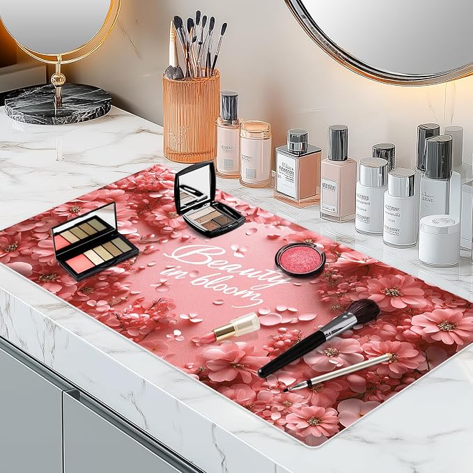 Dual-Sided Synthetic Leather Decorative Makeup Mat for Crafting, Furniture Protection, Scratch & Stain Resistant Surface Desk Pad, Waterproof Easy to Clean Vanity Protector (Floral White)