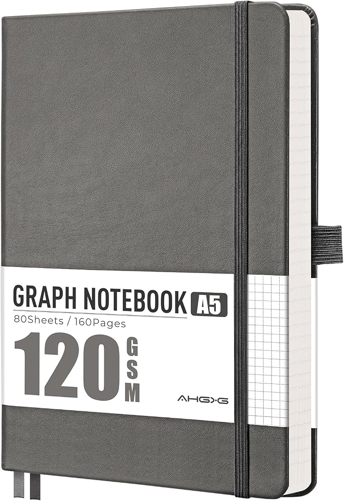 AHGXG Graph Grid Paper Notebook, 160 Pages, A5 Medium Size (5.7'' x 8.3''), 120 GSM Thick Paper, Leather Hardcover, for School, Students, Math, Engineering (Gray)