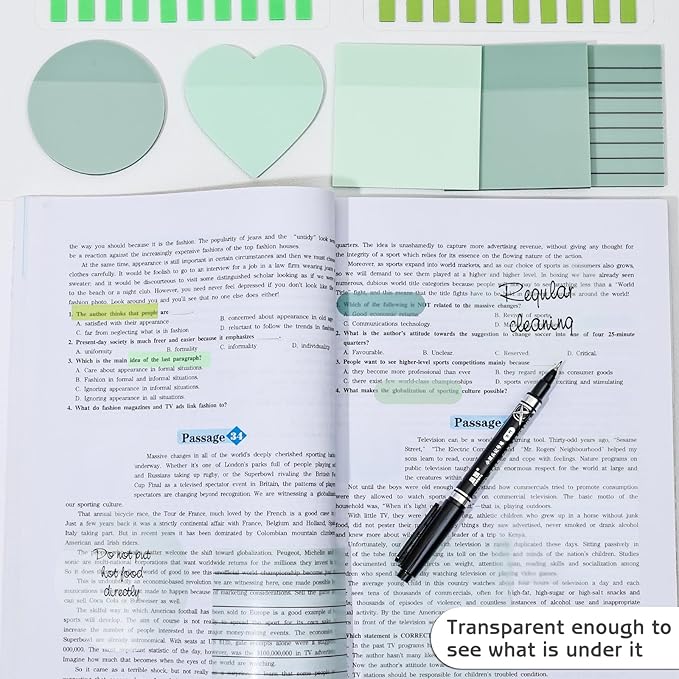 850 Sheets Transparent Sticky Notes, 3 x 3 Inch Clear Sticky Notes with Marker Pen for Bible, Waterproof Self-Adhesive Annotation Tabs, Gradient Color Note Pads for School Office (Green)
