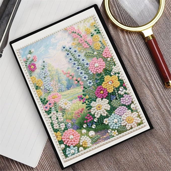 FRANDEK Pearl Painting Notebook Kit, Summer Forest A5 DIY Journal with 50 Blank Pages, Diamond Gem Art Cover with Waterproof Canvas, Beginner Craft Set with Full Tools for Adults