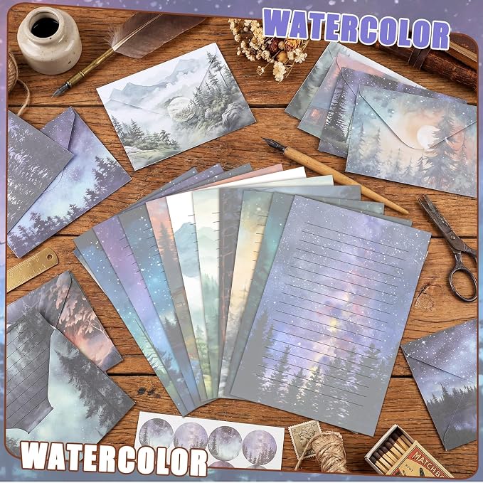 TaoBary 160 Pcs Stationery Paper Set 50 Double Sided Stationery Paper with 50 Matching Envelope and 60 Round Dot Sticker, 10 Design (Whimsical Watercolor Illustration Starry Night Sky,8.25 x 5.5 Inch)