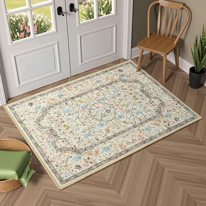 Vasofe 2x3 Area Rug for Bedroom, Small Rugs for Entryway, Kitchen, Bathroom, Non-Slip Washable Carpet Soft Low Pile Vintage Floral Beige Mat Front Door Mats for Indoor Entrance