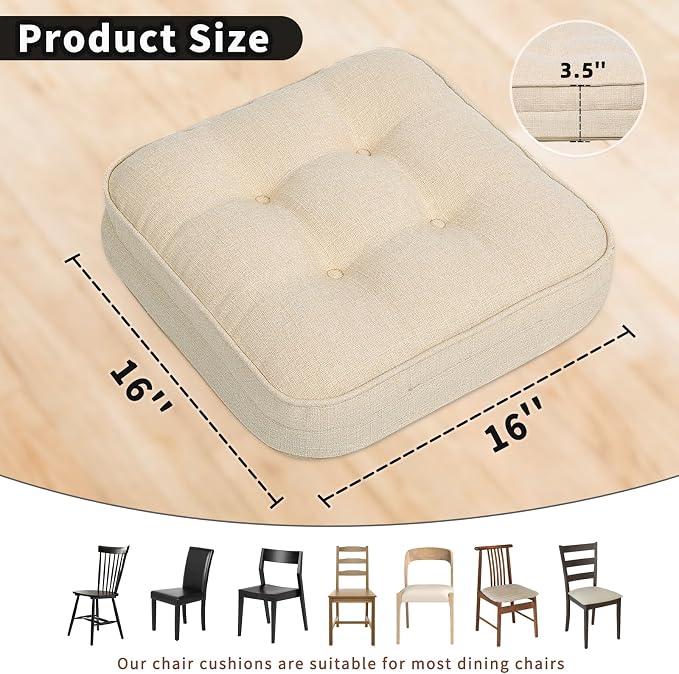 GOFORIT Tufted Shredded Memory Foam Chair Pads，Kitchen Chair Cushions for Dining Chairs,Non-Slip Seat Cushions with Removable Cover, 16'' x 16'', 6 Pack,Beige