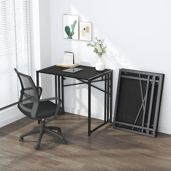 Lutown Teen Folding Computer Desk - 32 inch, Writing & Gaming, Small Space Office Desk, Black, No Assembly Required