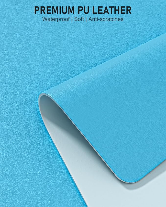 Desk Pad, 23.6" x 13.8" PU Leather Non-Slip Desk Mat Large Mouse Pad for Desktop, Waterproof Laptop Computer Writing Mat for Office, Home, Work, Gaming, Aqua Blue