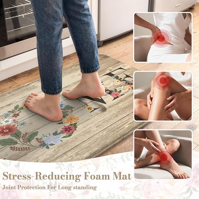 KIMODE Anti Fatigue Kitchen Mats for Floor 2 Piece,Farmhouse Floral Rugs Cushioned,Comfort Memory Foam Carpet Non Slip for Sink Laundry Office Bathroom,Beige 17"x47"+17"x29"