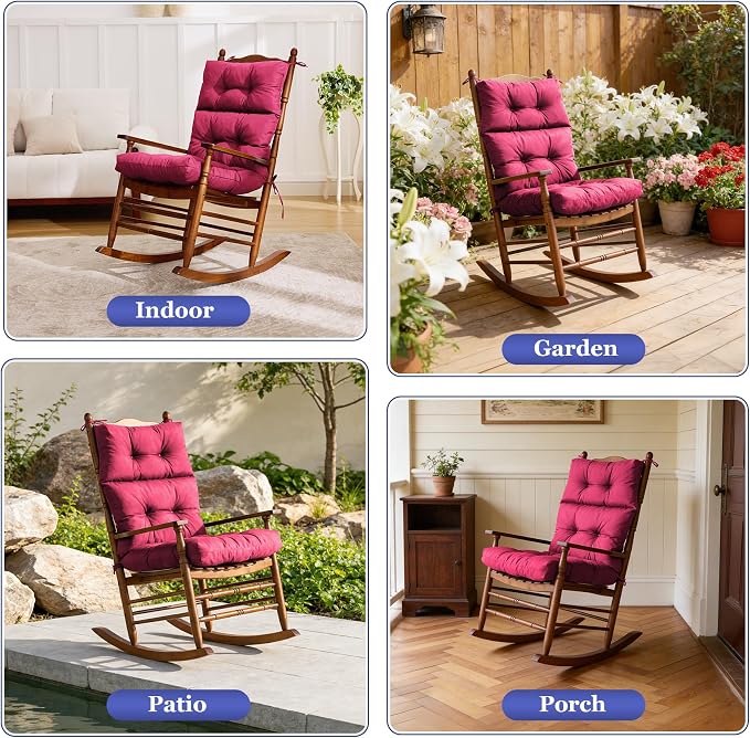 Rocking Chair Cushion, Waterproof and Fade-Resistant Adirondack Rocker Cushions, Indoor/Outdoor Rocking Chair Pads, High Back Memory Foam Patio Furniture Cushions with Ties, 44x23x4 Inch, Burgundy