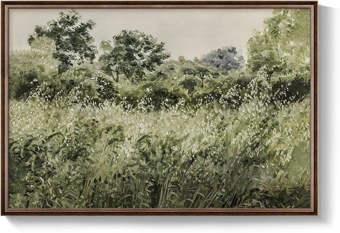 Large Framed Vintage Wall Art, Modern Farmhouse Green Botanical Landscape Canvas Painting Prints, Rustic Cottage Core Nature Flower Meadow Picture for Living Room Bedroom Kitchen Wall Decor, 24x36 In