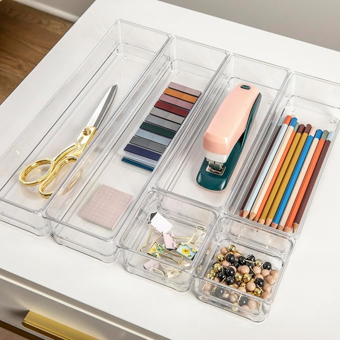 Martha Stewart Miles Stackable Desk Drawer Organizers, Clear, 6-Pack | Various Sizes, Stackable