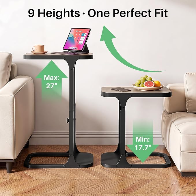 Kitstorack Height Adjustable End Table, Small Side Table for Couch, Sofa Table with Metal Frame for Living Room, Bedroom, Bedside C Shaped Table,Greige