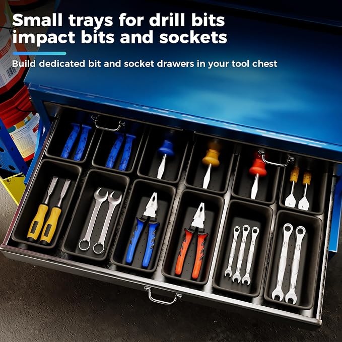 10 PCS Small Toolbox Organizer Trays for Drill Bits, Impact Bits and Sockets, Drawer Bins for Garage Mechanic Chest and Workbench Bit Drawers(S_10PCS_Black)