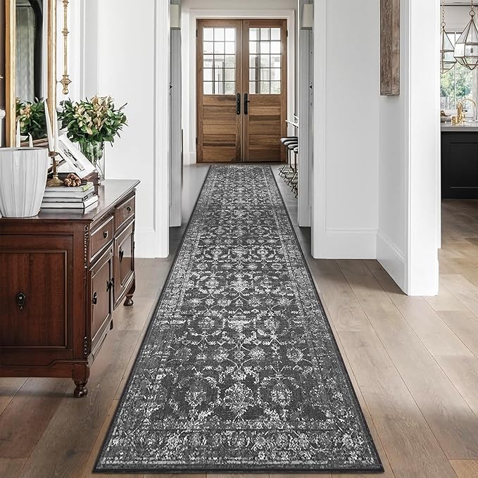 3x12 Black Runner Rug Hallway Washable Area Rugs Kitchen Vintage Boho Non Slip Long Rug Floral Carpet Indoor Retro Soft Low Pile Throw Rug for Bedroom Bathroom Laundry Dining Living Room Office