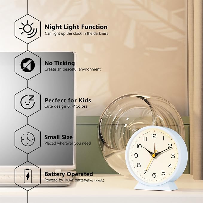 AYRELY® 4.5" Analog Alarm Clock, Small Retro Desk Clock and Table Clock | Battery Operated, Silent Metal Table Clock with Light for Living Room Decor, Bedroom, Bedside and Shelf(Light Blue)