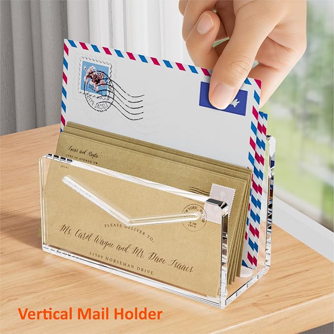 FUCDTEFC Acrylic Mail Holder, Clear Acrylic File Letter Organizer, Vertical Envelope Mail Holder for Desk, Lightweight Countertop Bill Holding Sorter Letter Invoice Stand for Home Office School | Vertical, Envelope, Lightweight, Countertop, Bill Holdin...