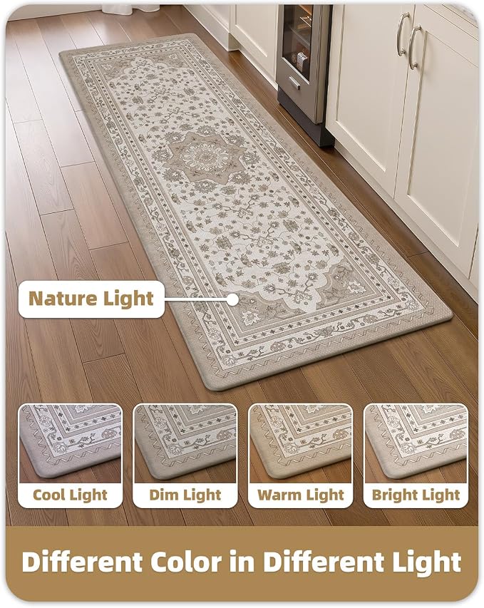 Color&Geometry Kitchen Floor Mat 24x59 Vintage Anti Fatigue, Beige | 0.4in Cushion Standing Mat For Cooking/Working/Laundry, Boho Decor, Non Slip PVC Kitchen Rug, Oil/Water Proof, Anti Slip