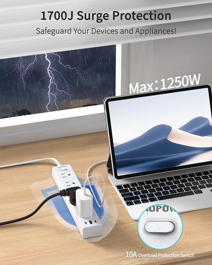 HOPOW 2 Prong Power Strip, 2 to 3 Prong Outlet Adapter with 1700J Surge Protection, 10FT Two Prong Extension Cord, 5 AC Outlets & 3 USB(5V 3.4A Max), Wall Mount for Non-Grounded Outlet, White