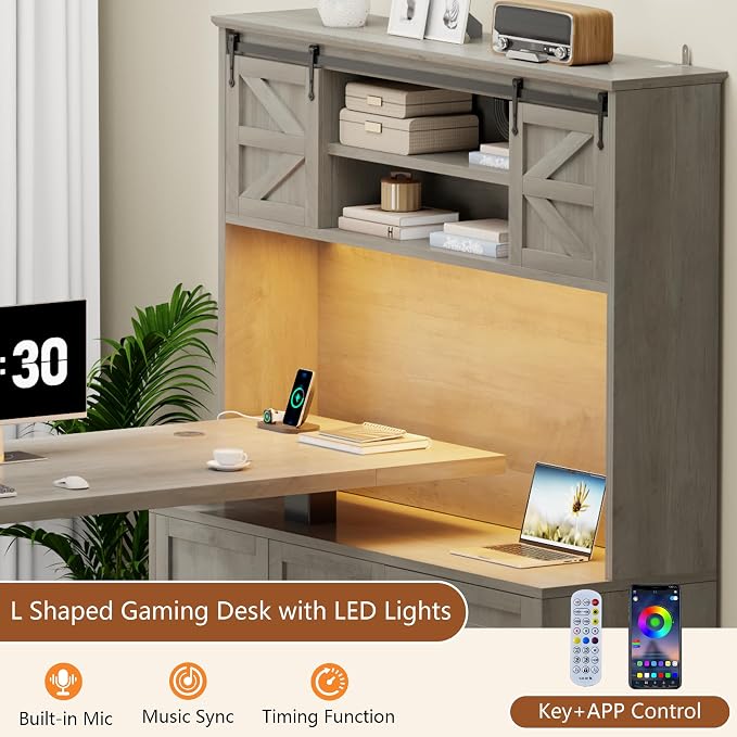 71" LED L Shaped Standing Desk with Hutch and Drawers, Farmhouse | Farmhouse Height Adjustable Sit Stand Desk, Large Corner Computer Desk with File Cabinet, Power Outlets & LED Lights, Grey