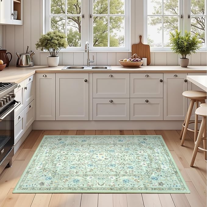 Vasofe 2x3 Area Rug for Bedroom, Small Rugs for Entryway, Kitchen, Bathroom, Non-Slip Washable Carpet Soft Low Pile Vintage Floral Light Green Mat Front Door Mats for Indoor Entrance
