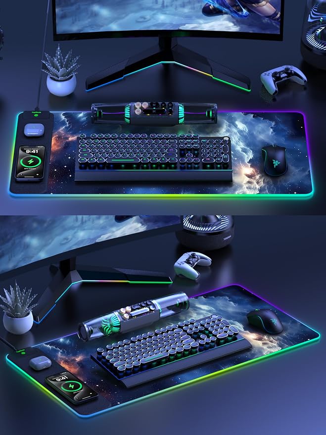Wireless Charging Mouse Pad, RGB Gaming Mousepad Home Office Desk Pad, 31.5” x 15.8” XXL Large Desk Mat, Waterproof Keyboard Pad, Blue Nebula(Includes 20W PD Power Adapter & 6.56ft Woven Cable)