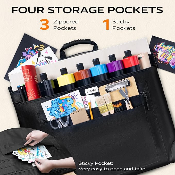 JusArt Art Portfolio Bag, 18x24 Foldable Light Weight Portfolio Folder Case with Adjustable Shoulder Strap, Leather Corners, Waterproof Art Bag for Artists and Adults for Artwork, Poster, Sketching