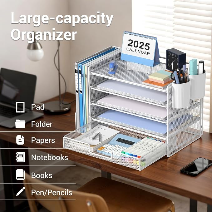OPNICE Desk Organizer, 5-Tier Paper File Organizer with Drawer & Pen Holder, Office Desk Accessories, Workspace Desktop Organizer for Office Supplies(White)