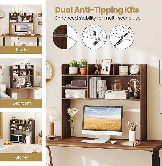 Tangkula Desktop Bookshelf for Computer Up to 32”, 37” Countertop Storage Hutch with 6 Storage Shelves, 3-Tier Desktop Organizer Display Rack, Wooden Desk Hutch for Dorm Home Office (Rustic Brown)