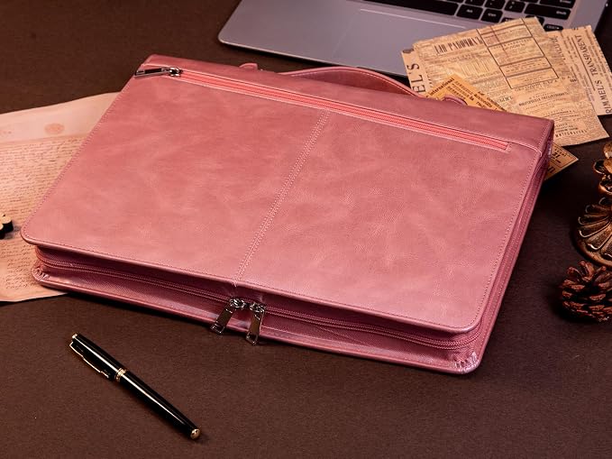 AZXCG Portfolio Binder, Pink Padfolio with Handle and Zipper,Leather Padfolio for Women,Professional Business Portfolio Organizer,A4 Notepad Holder, Gift for Valentine's Day,Girls and Women,