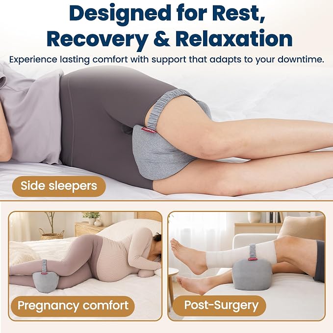 Knee Pillow for Side Sleepers,Memory Foam Leg Pillow with Strap,Between the Knees Pillows for Side Sleeping,Support Cushion for Sciatica,Back,Hip,Knee,Joints and Spine Alignment,Grey