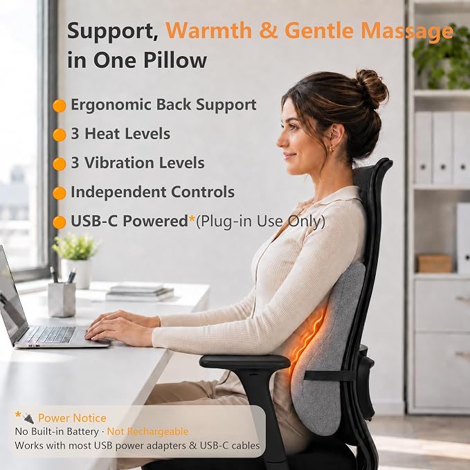 Lumbar Support Pillow with Heat and Vibration Massage for Lower Back Pain Relief & Comfort, Ergonomic Memory Foam Back Cushion with Adjustable Strap for Office Chair, Car Seat and Sofa, Grey