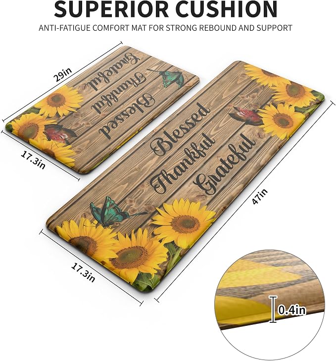 MAYHMYO Sunflower Kitchen Decor Mat Set, 2PC Kitchen Mats, Anti Fatigue | Sunflower Pattern,Cushioned comfort,Non-slip backing,Soft Underfoot,Easy to clean,Water-resistant,Kitchen,Laundry