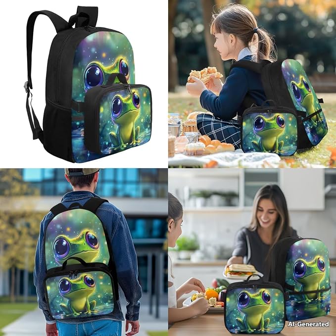 Doojoayie Bookbag and Lunch Box Set for Girls Frog Backpack for School Lightweight Kids Back Pack Cute Girls School Bag 3rd Grade Backpack for Primary Elementary Student