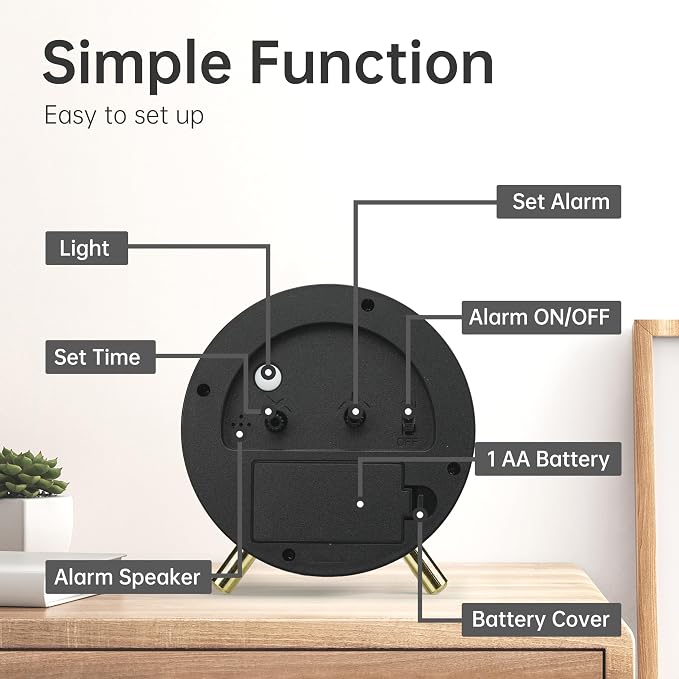 JALL Analog Alarm Clock, 4 inch Super Silent Non Ticking Small Clock with Night Light, Battery Operated, Simple Design, Easy Setting for Office, Bedroom, Bedside, Desk, Teens, Elders, Adult, White